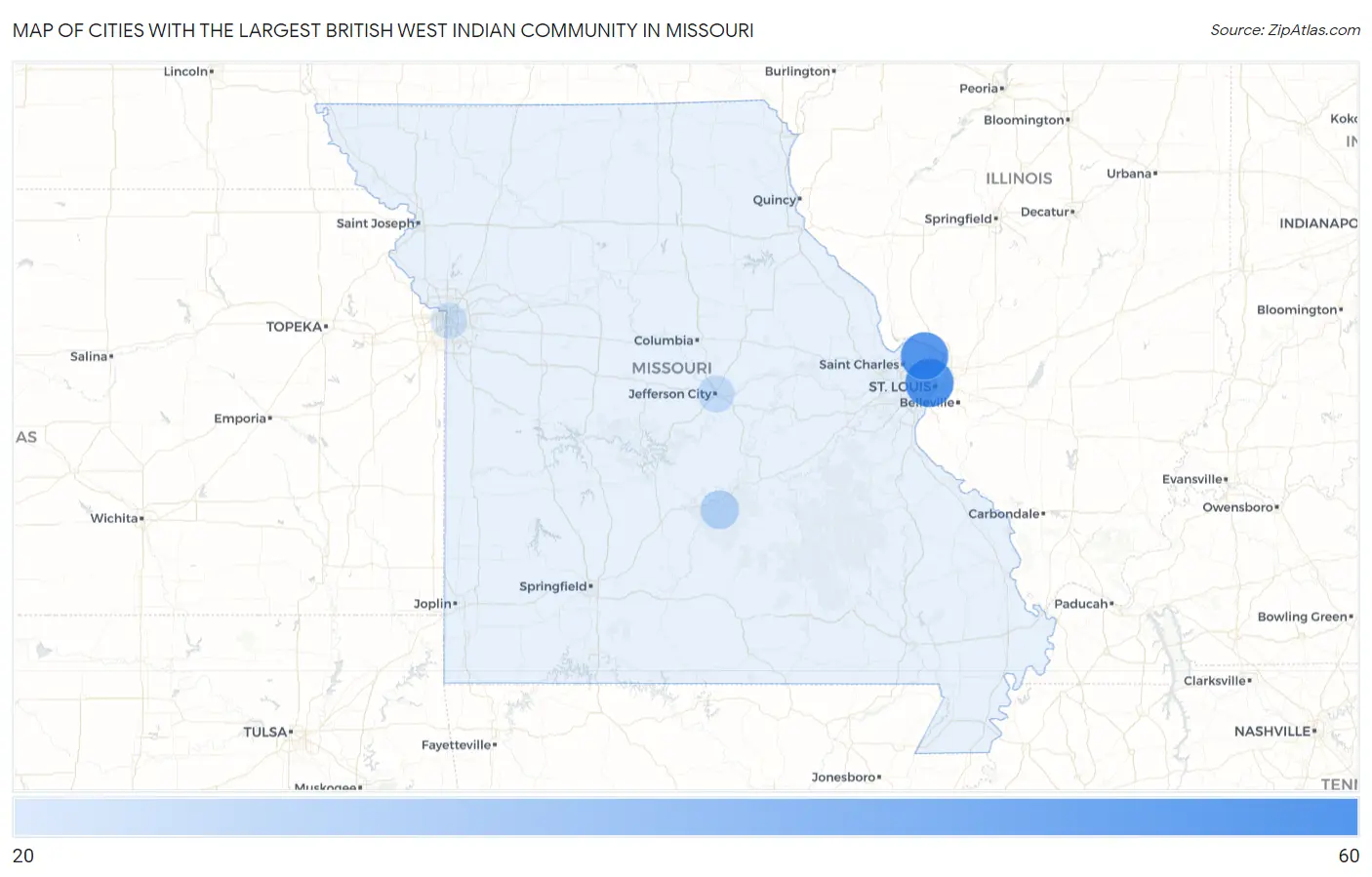 Cities with the Largest British West Indian Community in Missouri Map