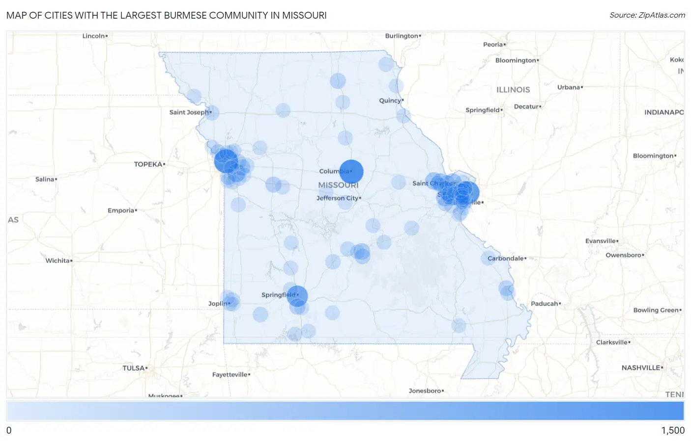 Cities with the Largest Burmese Community in Missouri Map