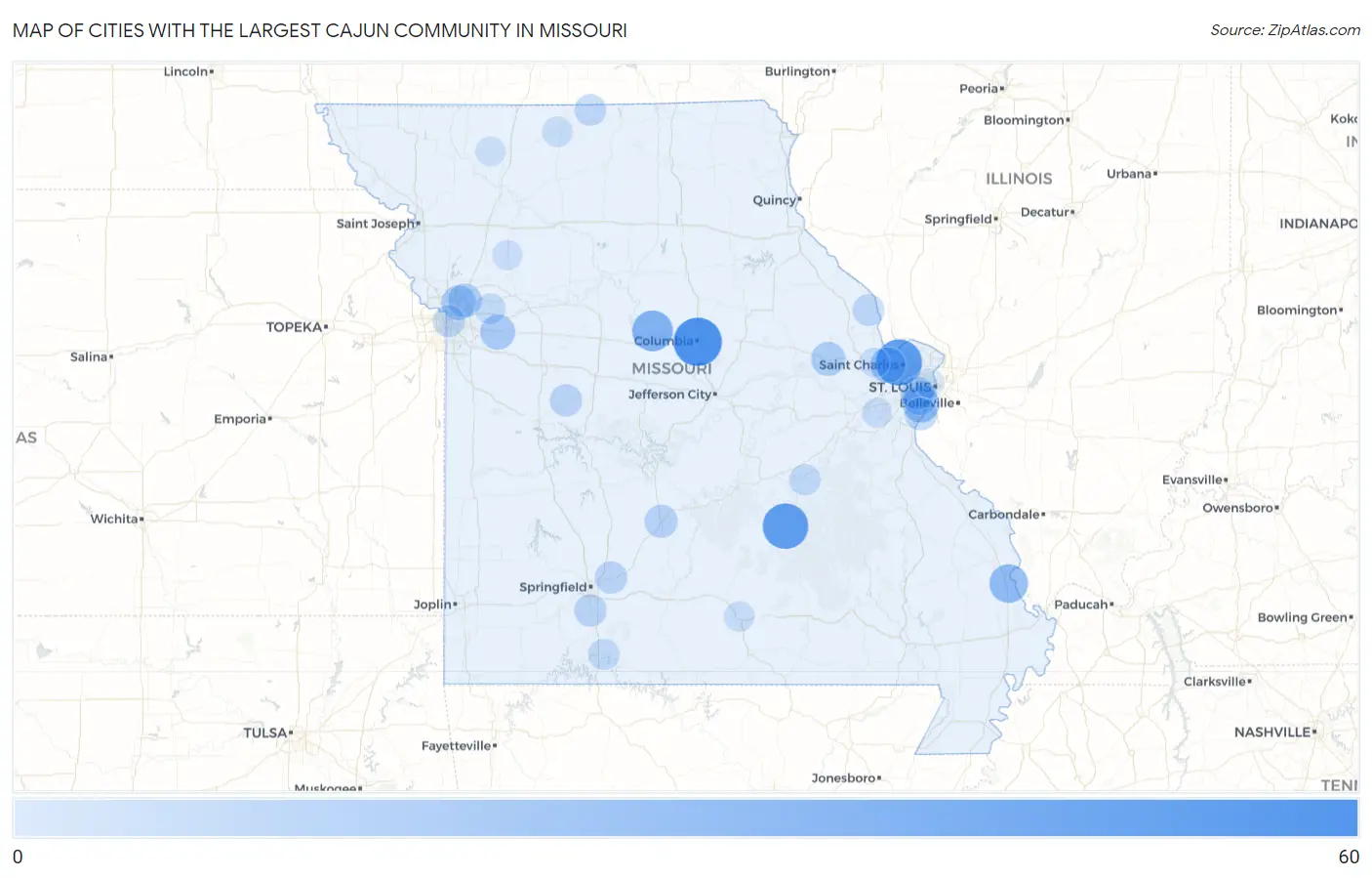 Cities with the Largest Cajun Community in Missouri Map