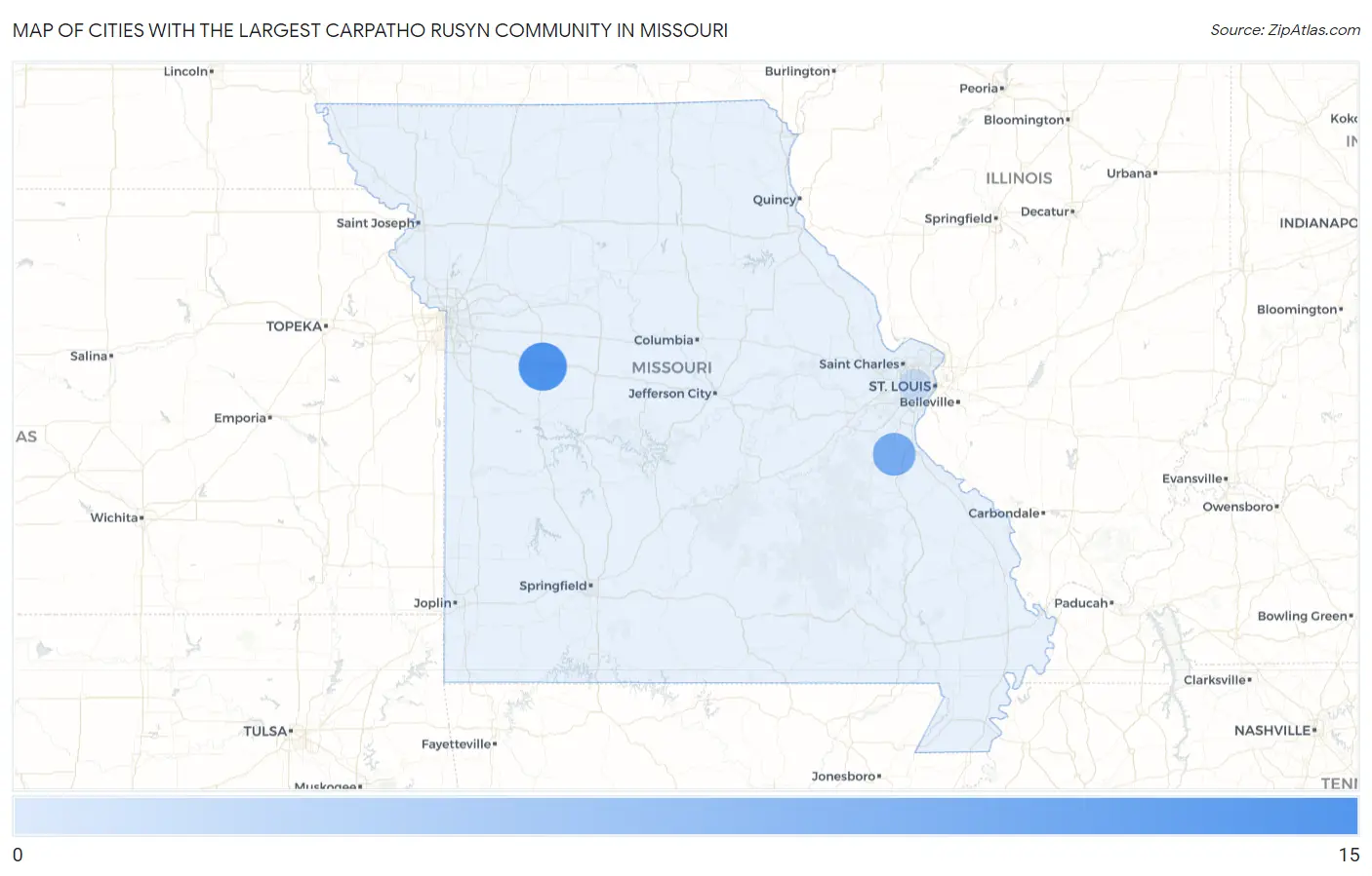 Cities with the Largest Carpatho Rusyn Community in Missouri Map