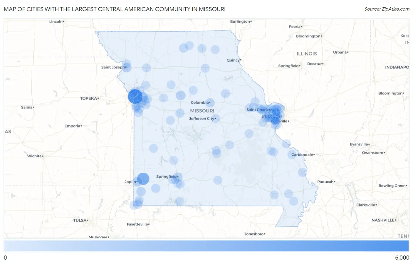 Cities with the Largest Central American Community in Missouri Map