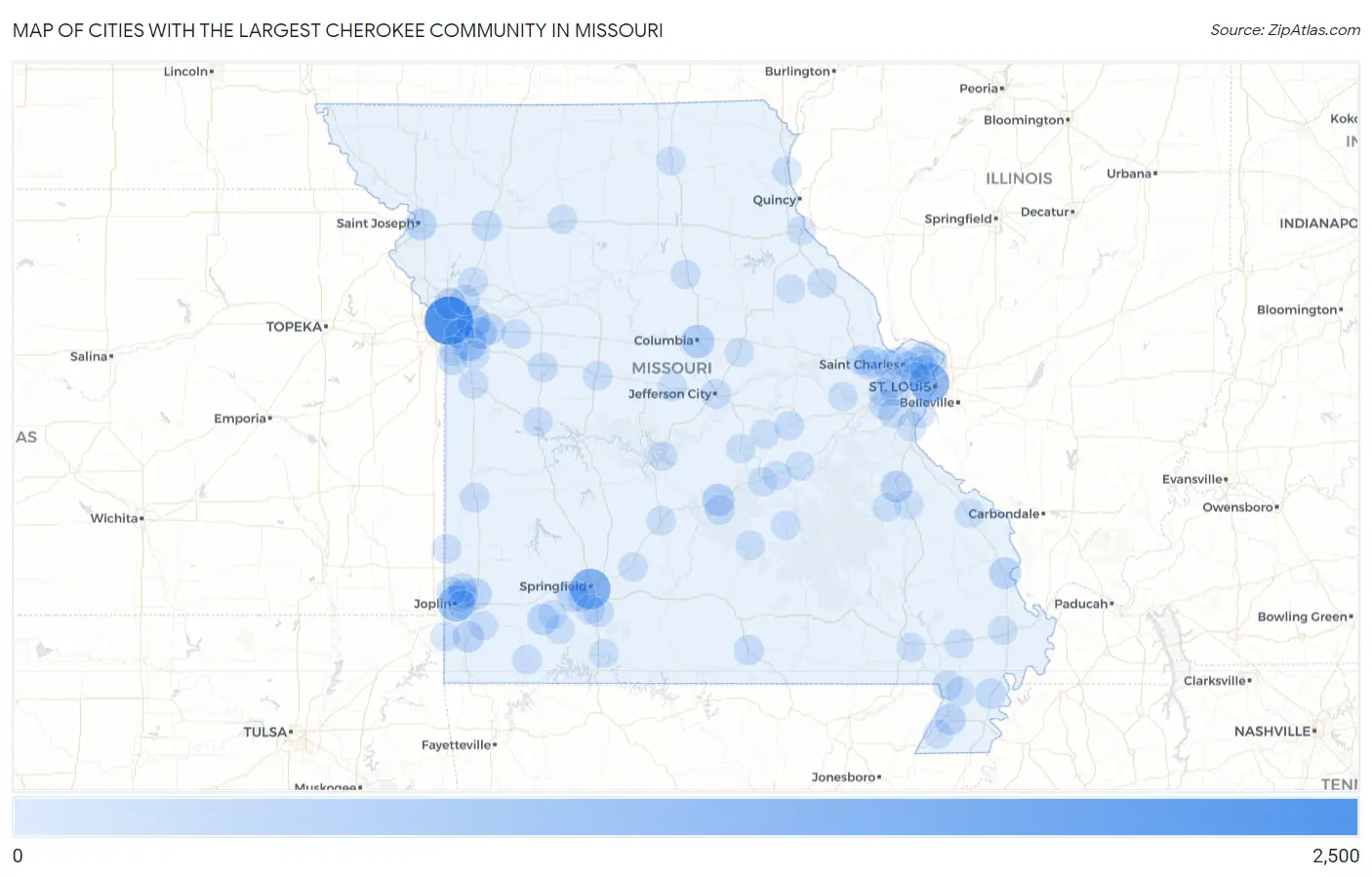Cities with the Largest Cherokee Community in Missouri Map