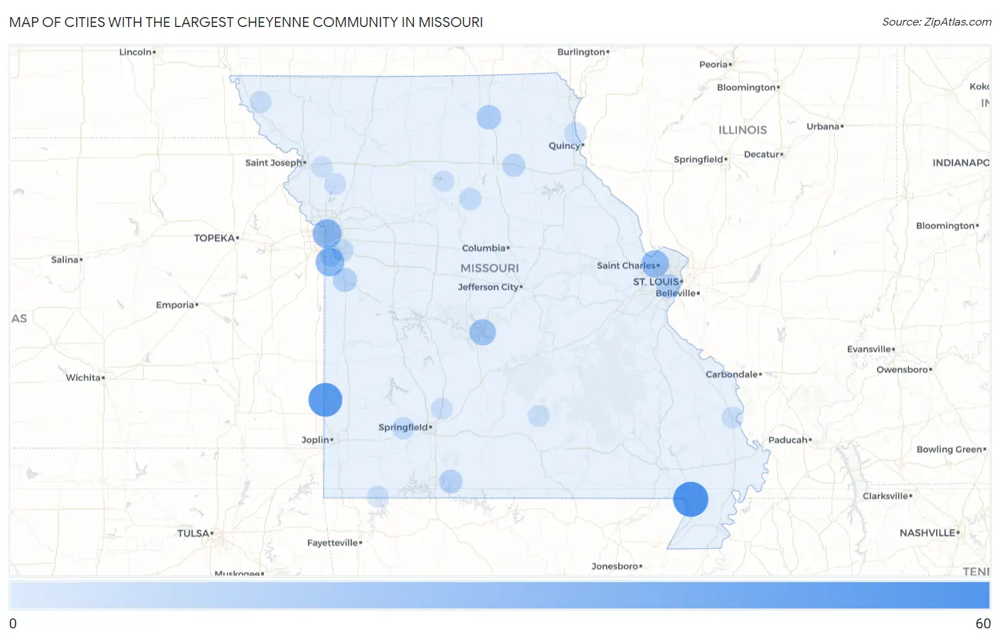 Cities with the Largest Cheyenne Community in Missouri Map