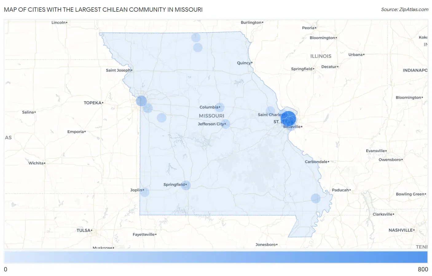 Cities with the Largest Chilean Community in Missouri Map