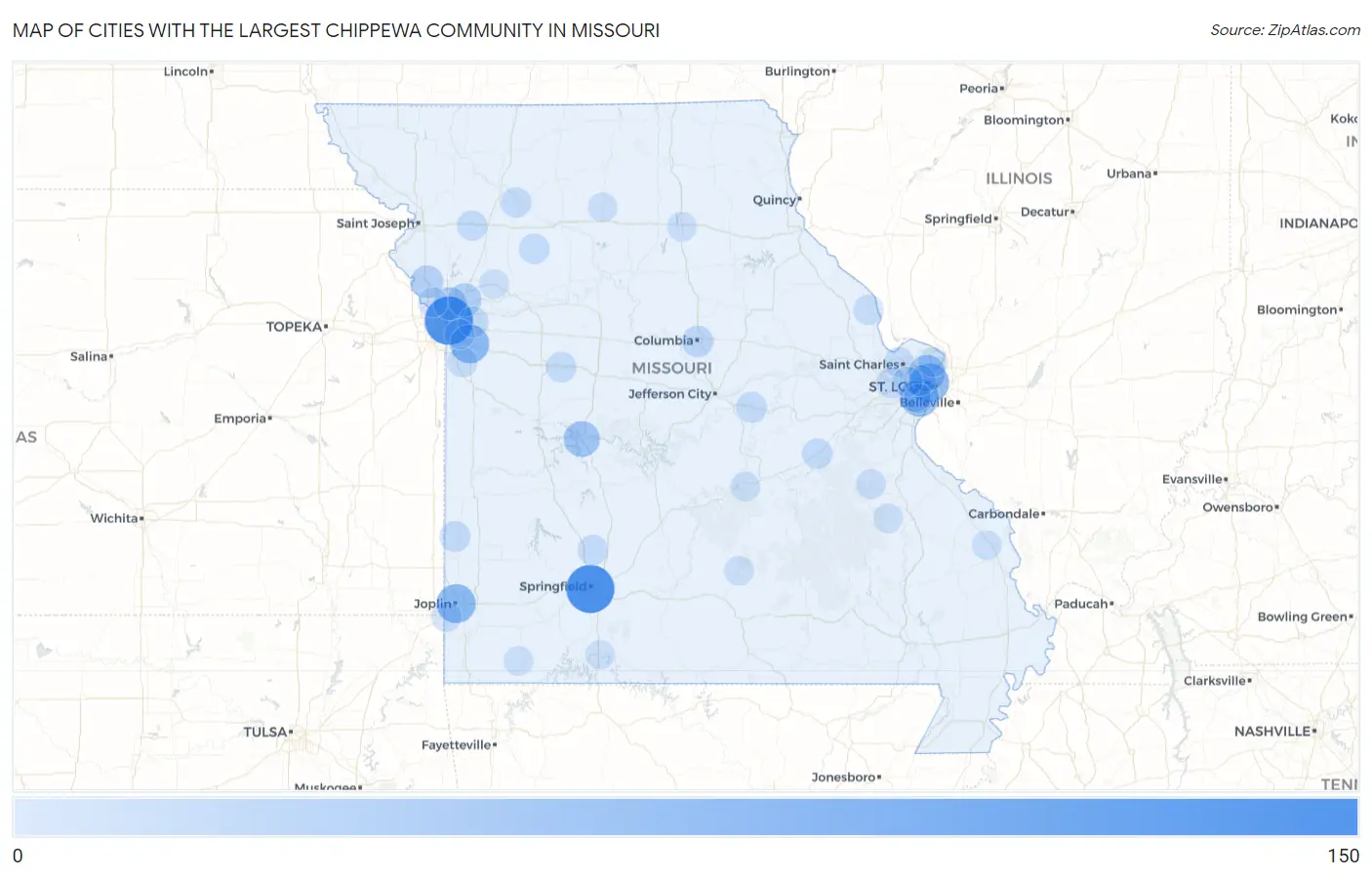 Cities with the Largest Chippewa Community in Missouri Map