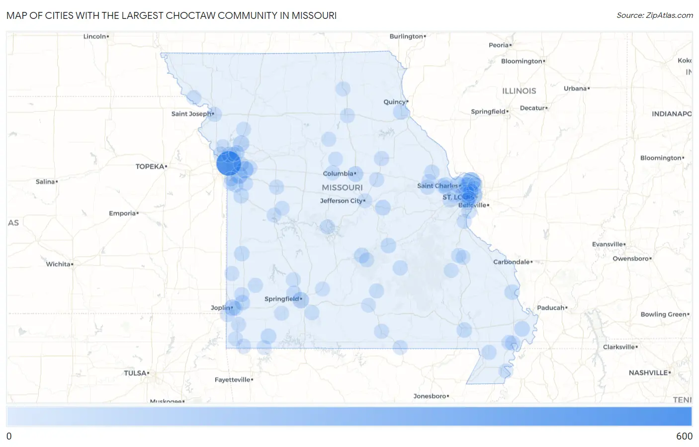Cities with the Largest Choctaw Community in Missouri Map