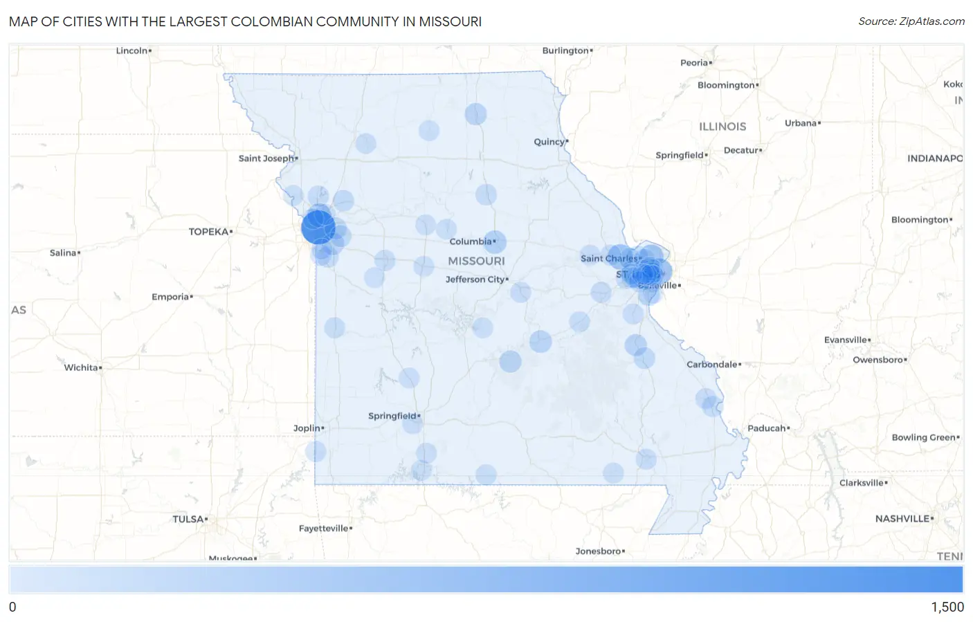 Cities with the Largest Colombian Community in Missouri Map