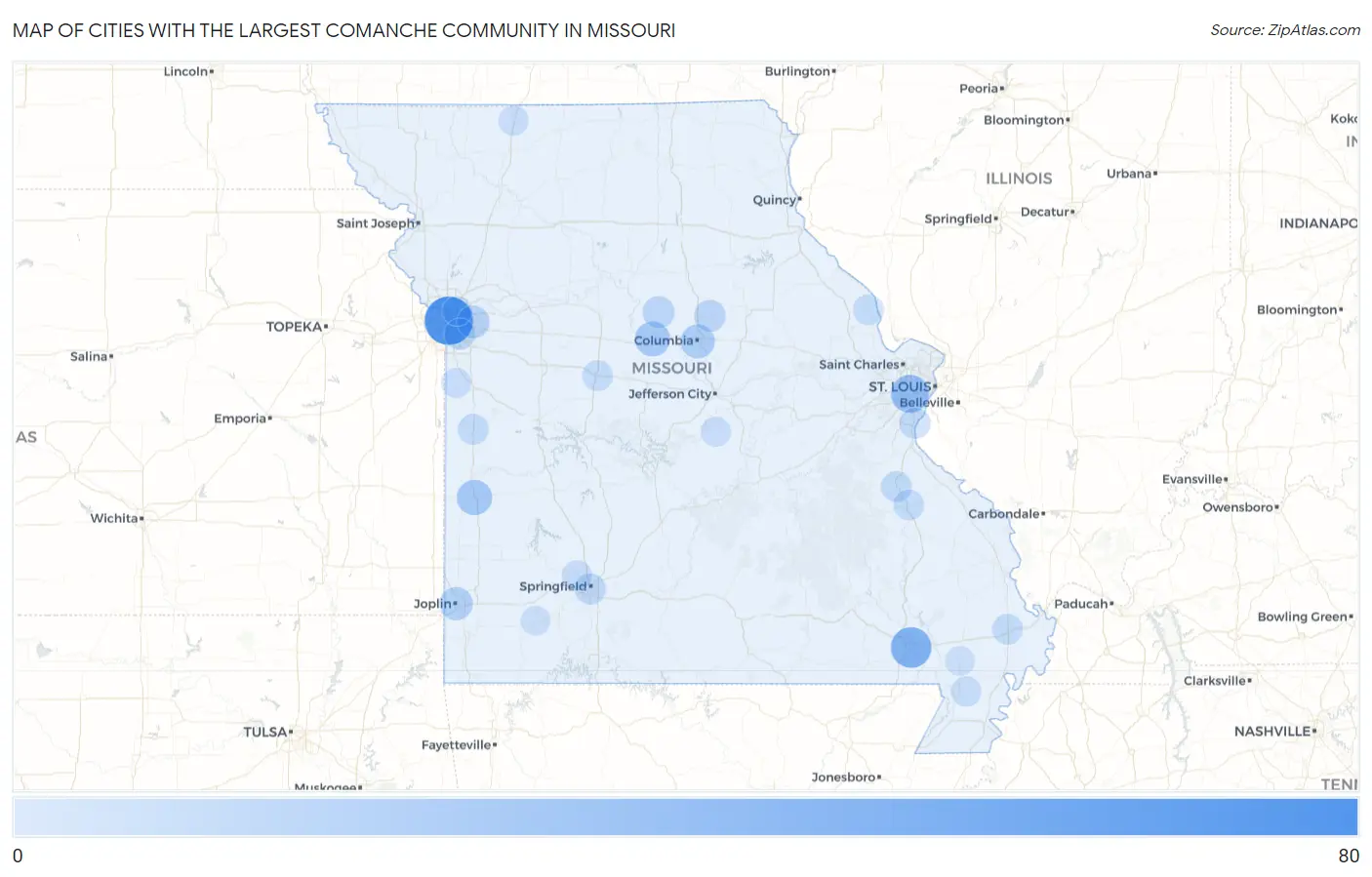 Cities with the Largest Comanche Community in Missouri Map