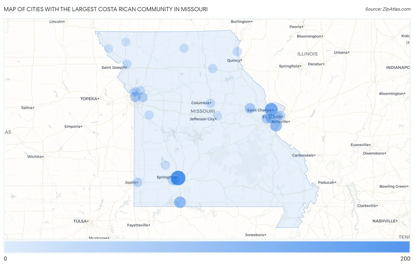 Cities with the Largest Costa Rican Community in Missouri Map