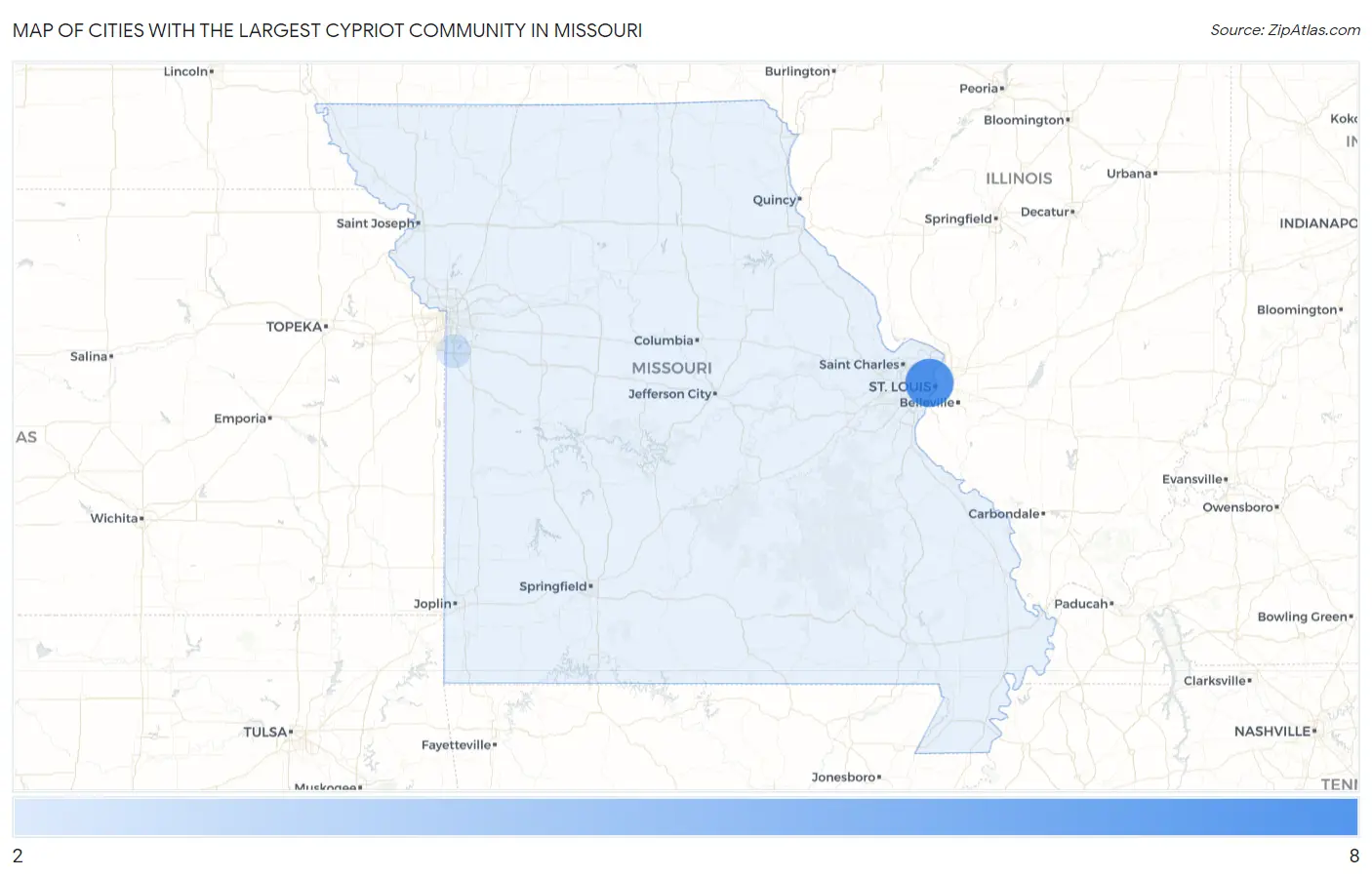 Cities with the Largest Cypriot Community in Missouri Map