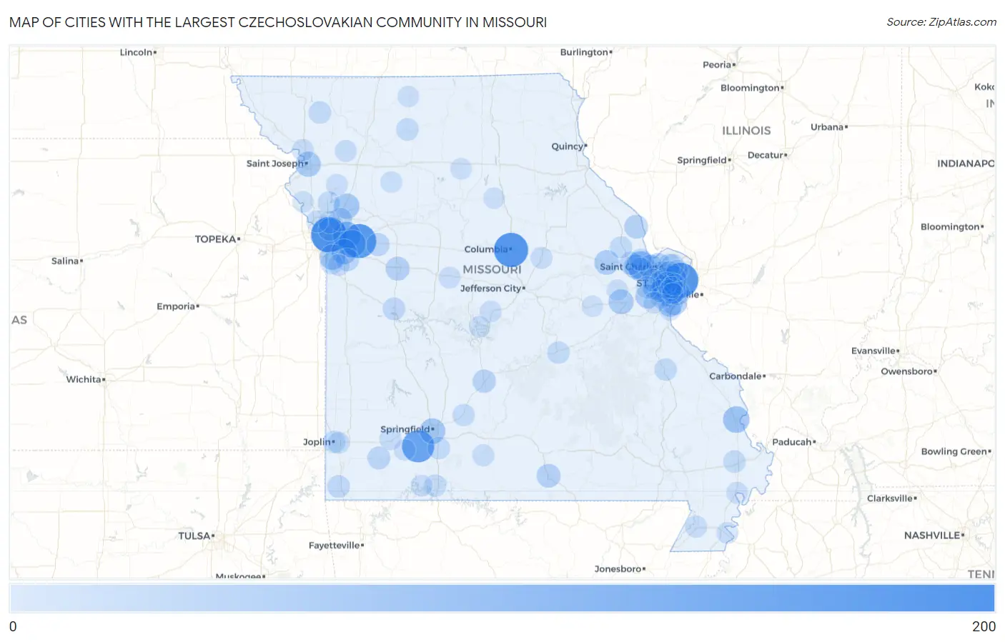 Cities with the Largest Czechoslovakian Community in Missouri Map