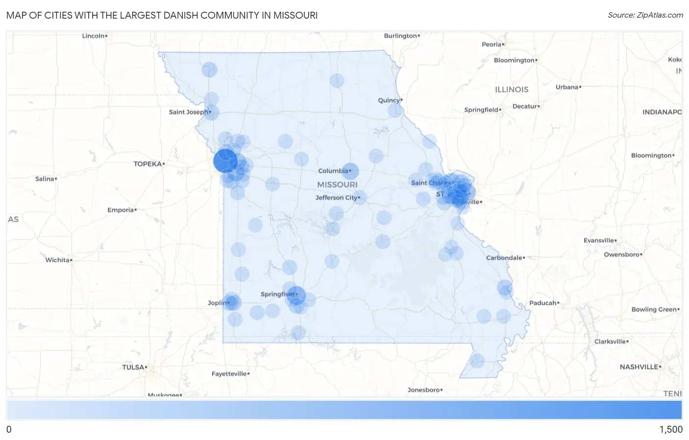 Cities with the Largest Danish Community in Missouri Map