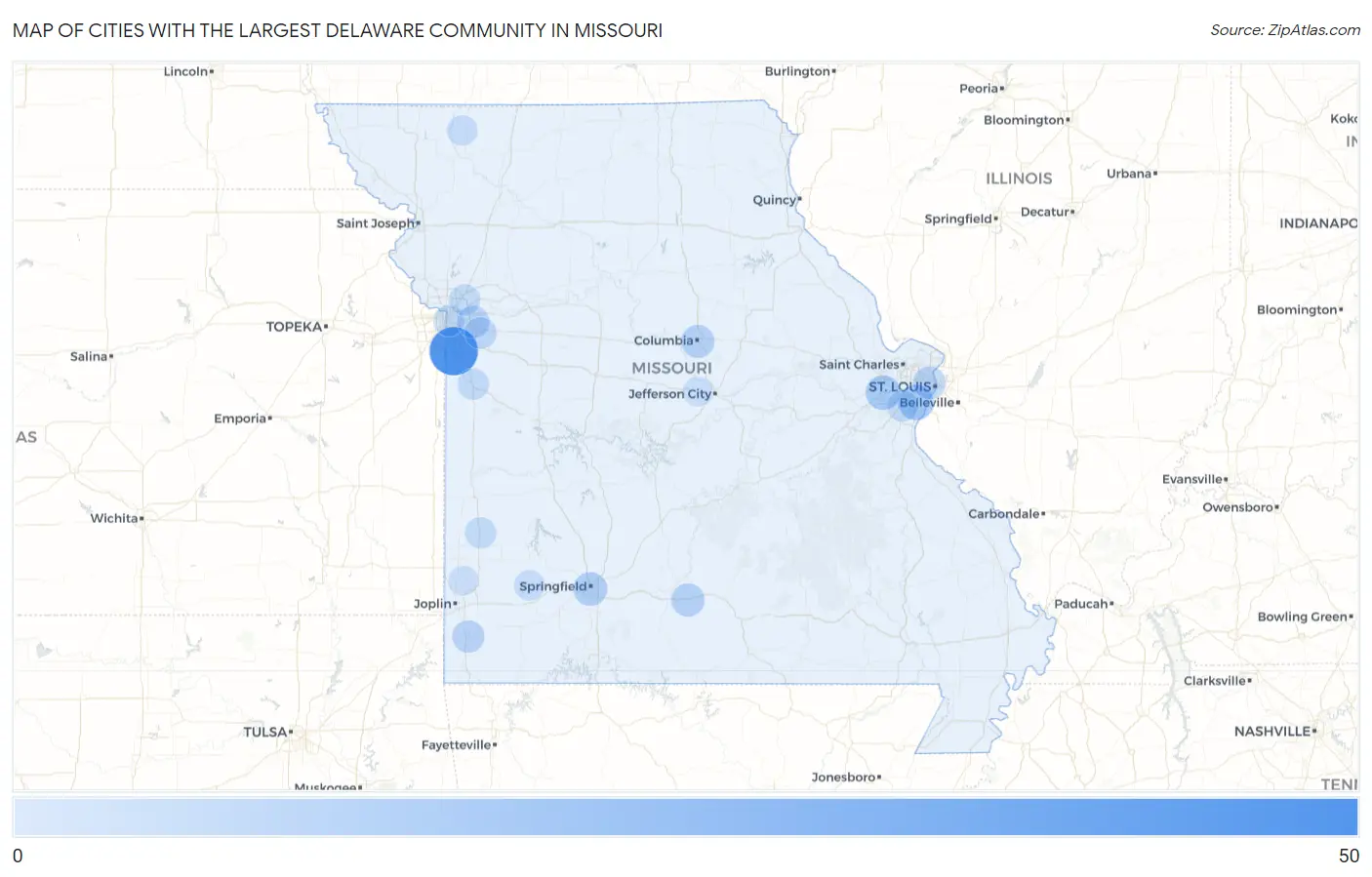 Cities with the Largest Delaware Community in Missouri Map