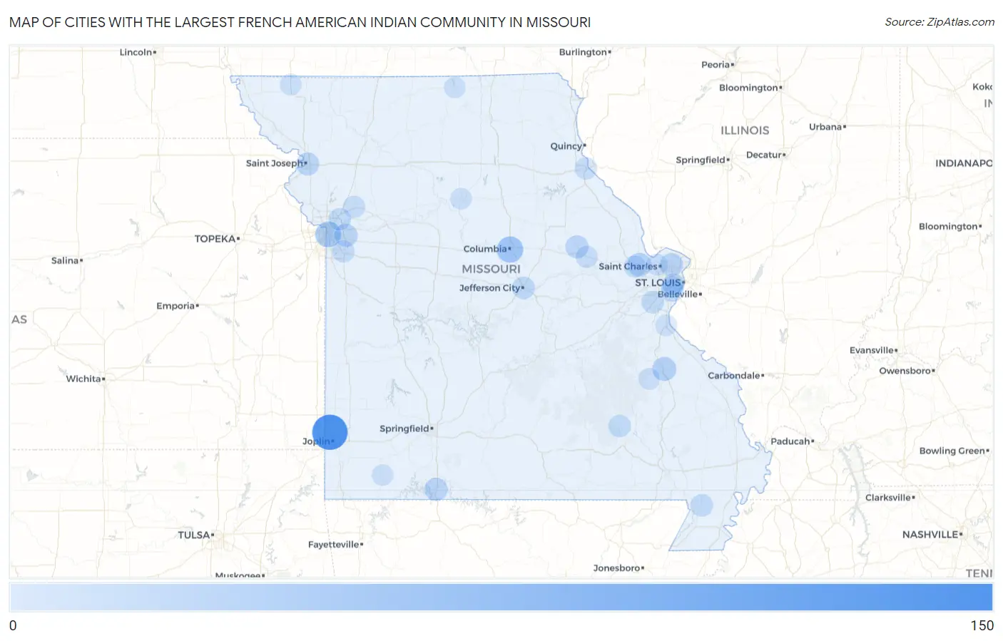 Cities with the Largest French American Indian Community in Missouri Map