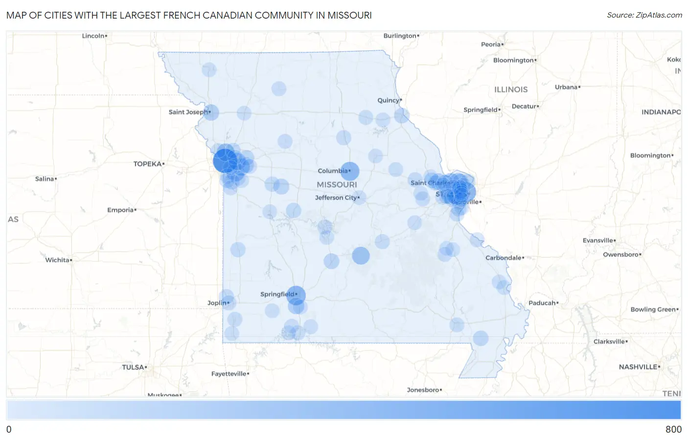 Cities with the Largest French Canadian Community in Missouri Map