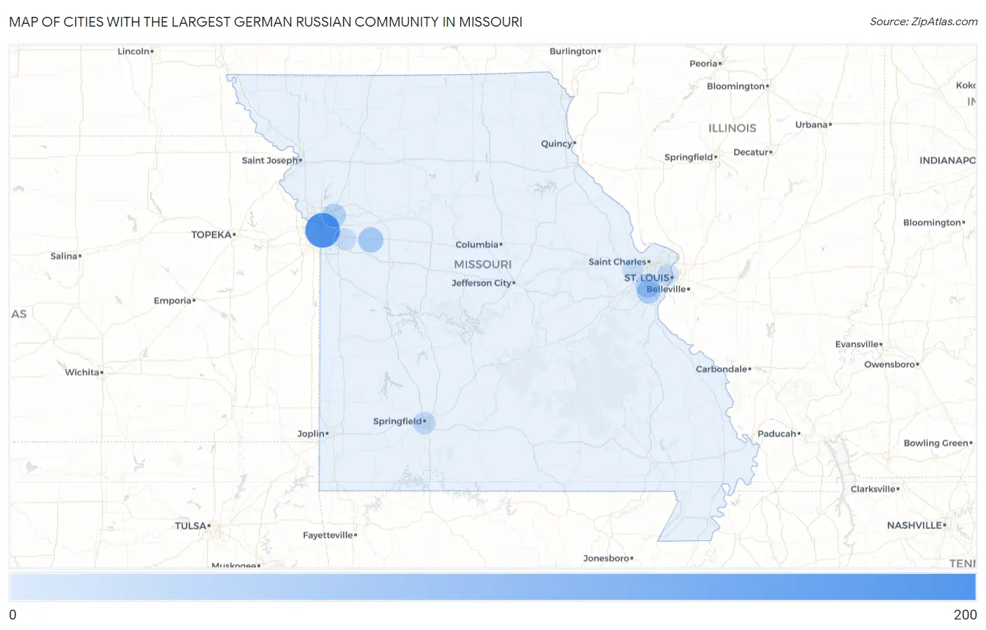 Cities with the Largest German Russian Community in Missouri Map