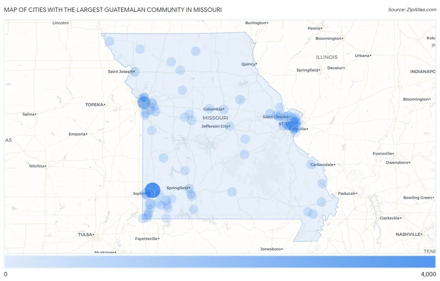 Cities with the Largest Guatemalan Community in Missouri Map