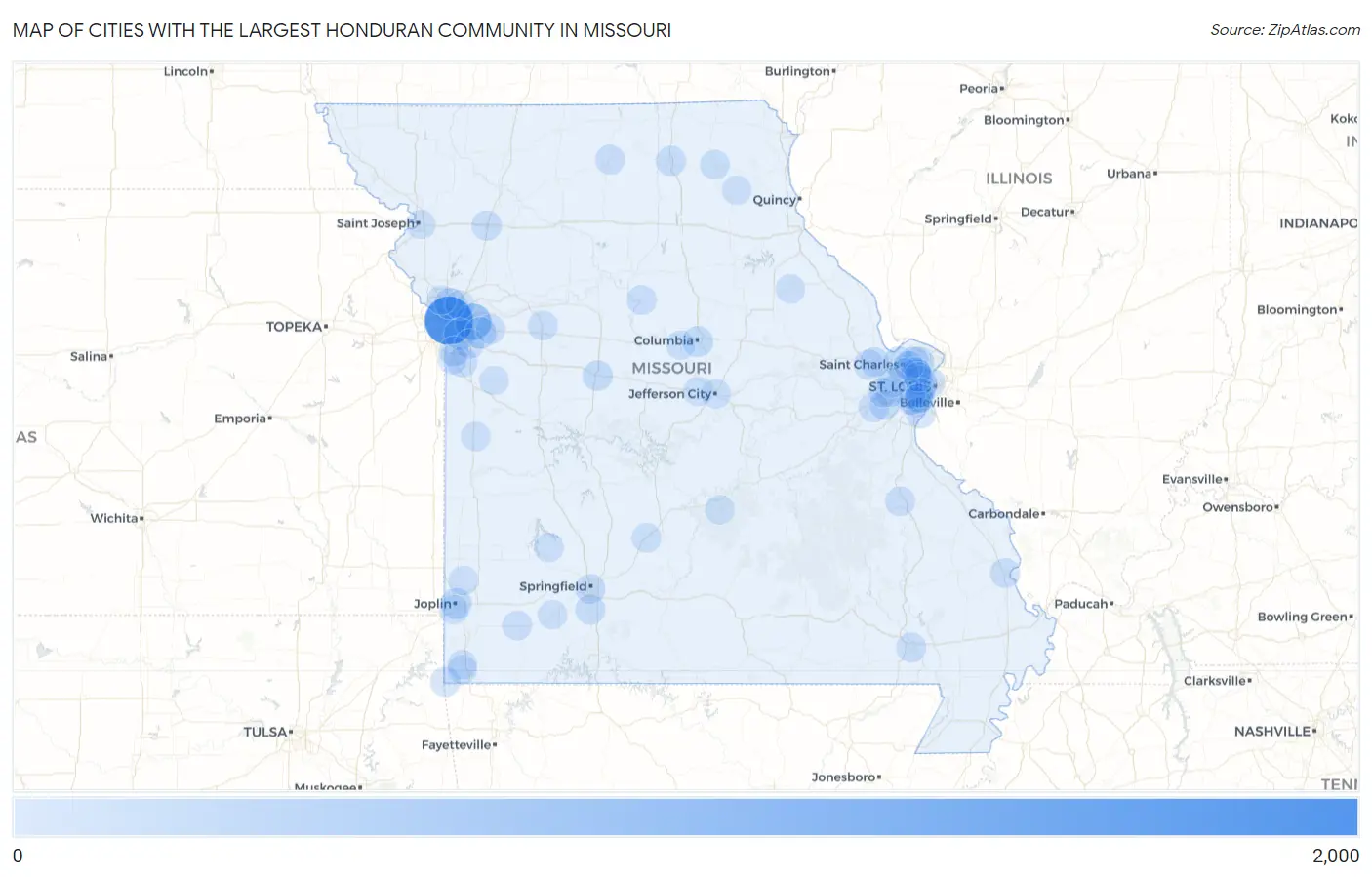 Cities with the Largest Honduran Community in Missouri Map