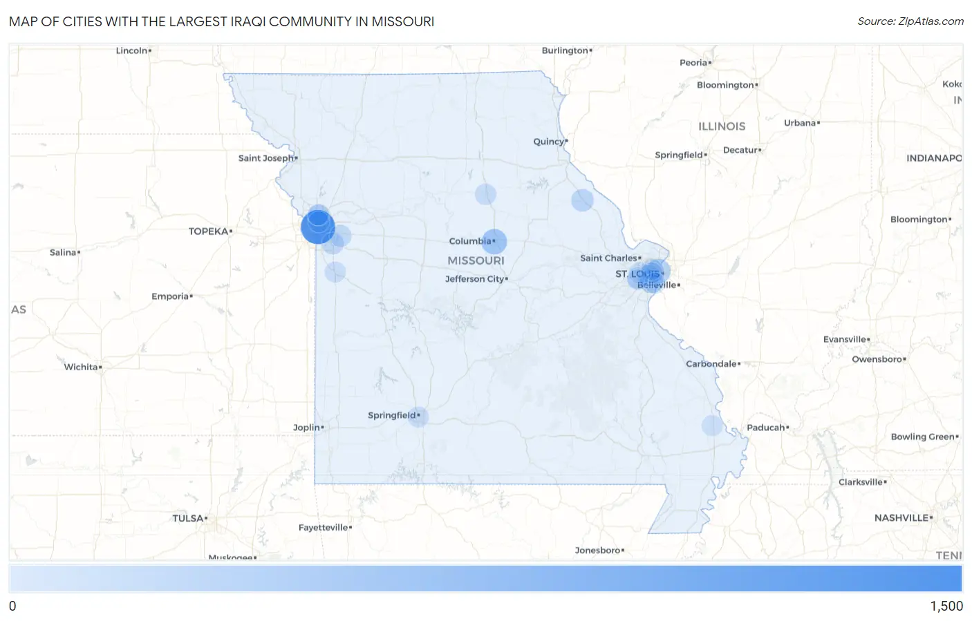 Cities with the Largest Iraqi Community in Missouri Map