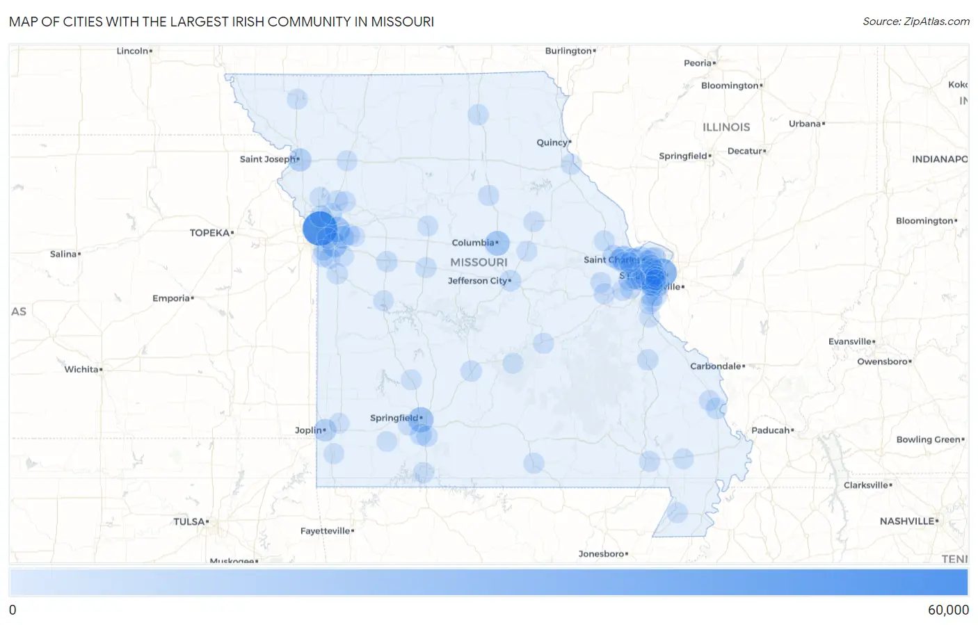 Cities with the Largest Irish Community in Missouri Map