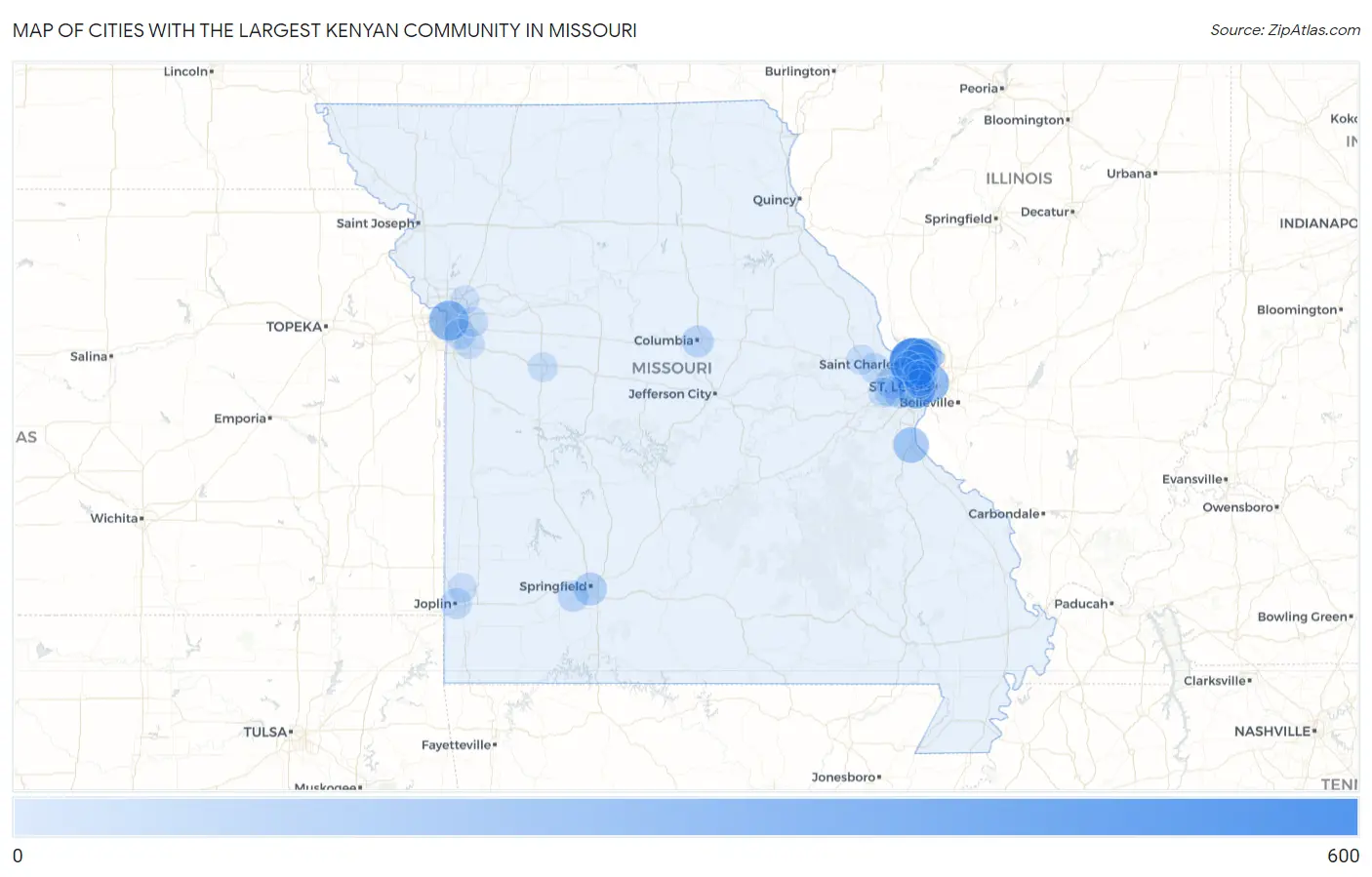 Cities with the Largest Kenyan Community in Missouri Map