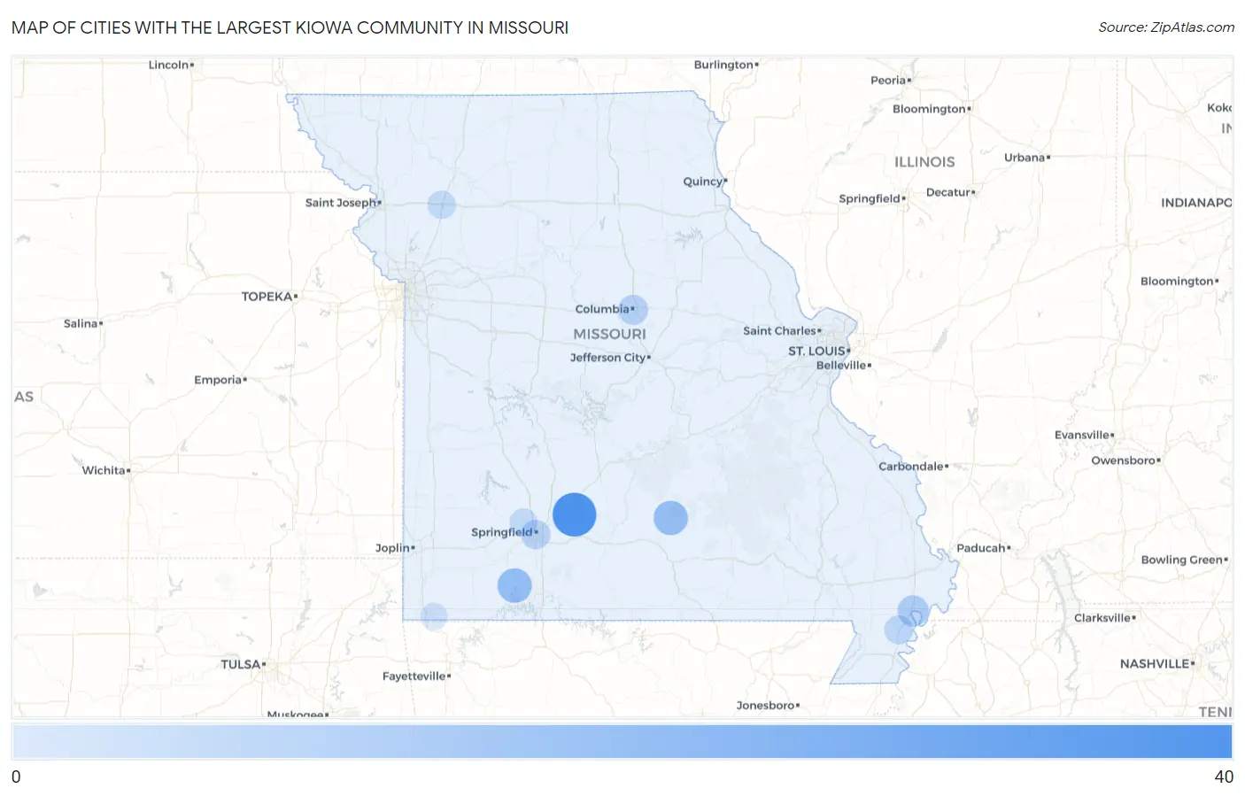 Cities with the Largest Kiowa Community in Missouri Map