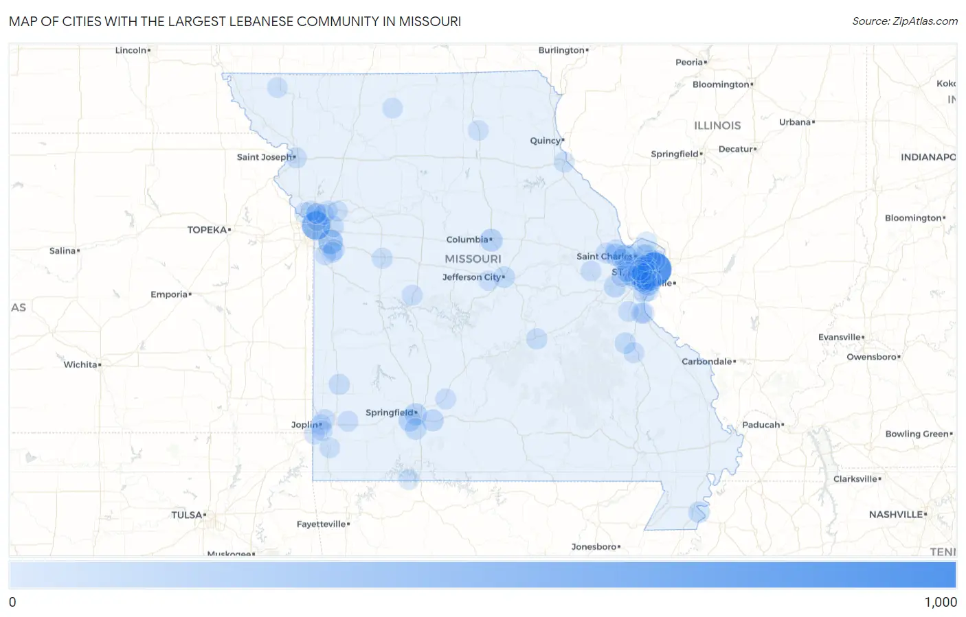 Cities with the Largest Lebanese Community in Missouri Map