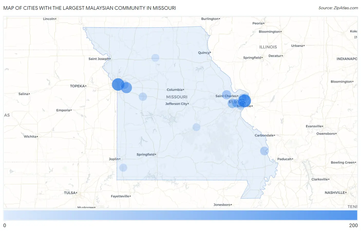 Cities with the Largest Malaysian Community in Missouri Map