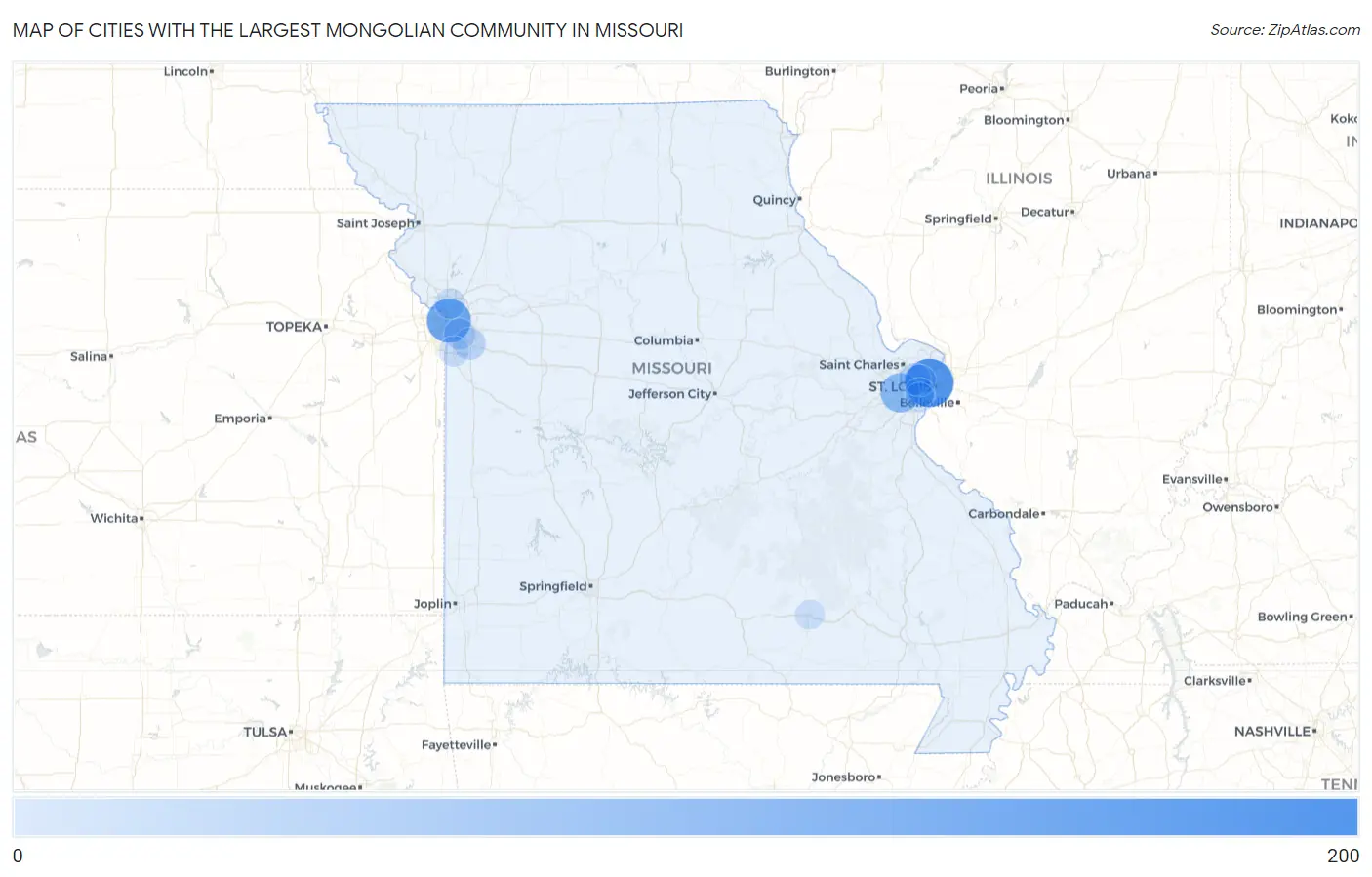 Cities with the Largest Mongolian Community in Missouri Map