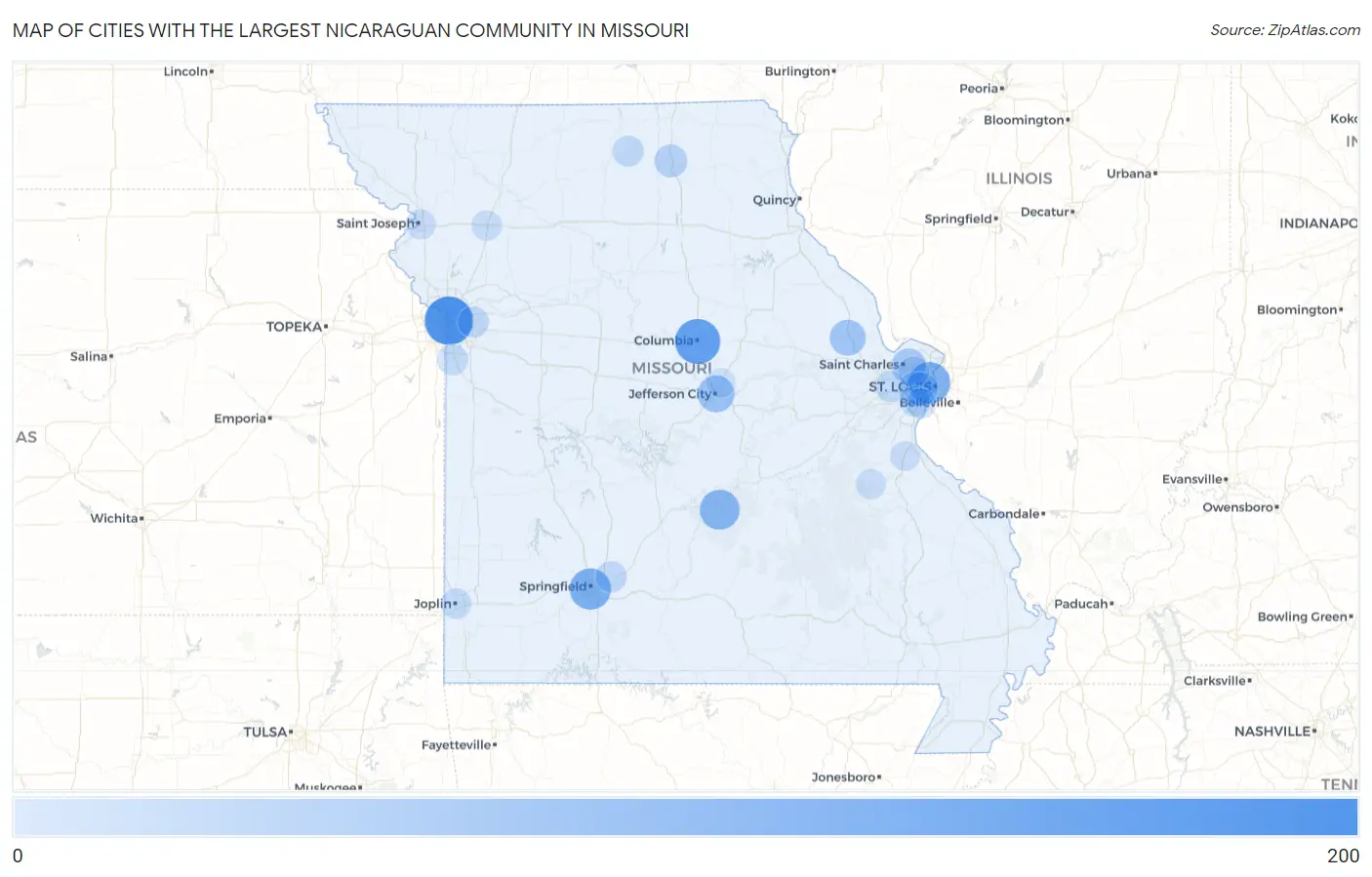 Cities with the Largest Nicaraguan Community in Missouri Map