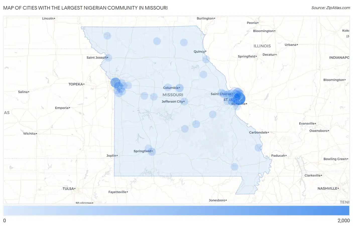 Cities with the Largest Nigerian Community in Missouri Map