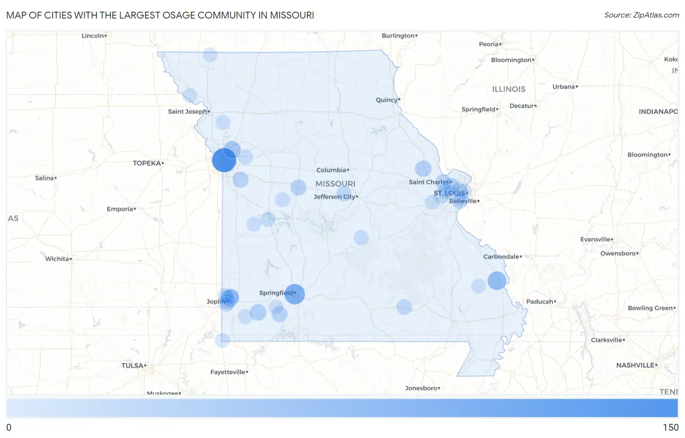 Cities with the Largest Osage Community in Missouri Map