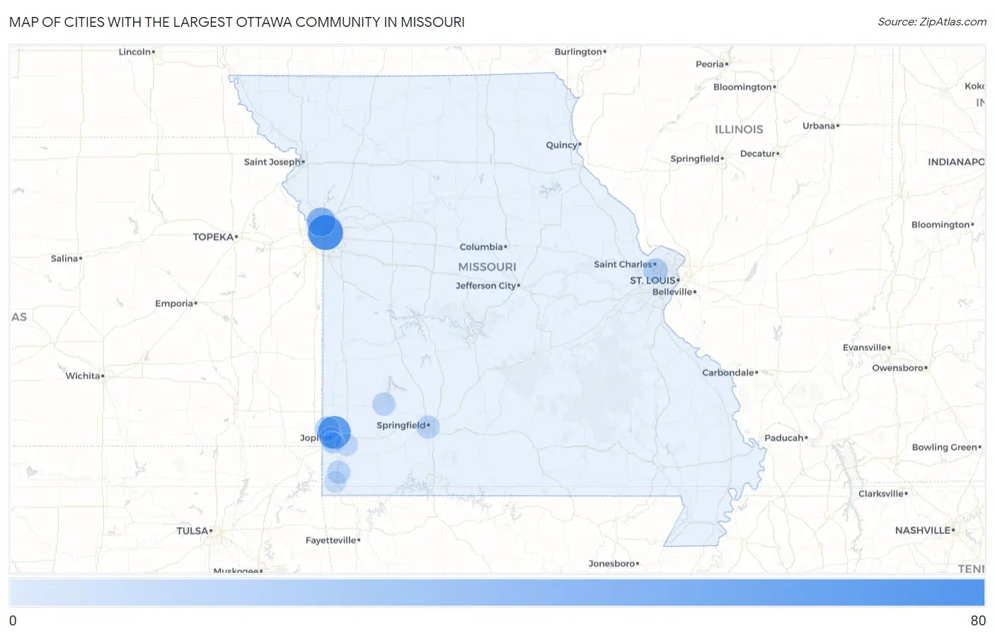 Cities with the Largest Ottawa Community in Missouri Map