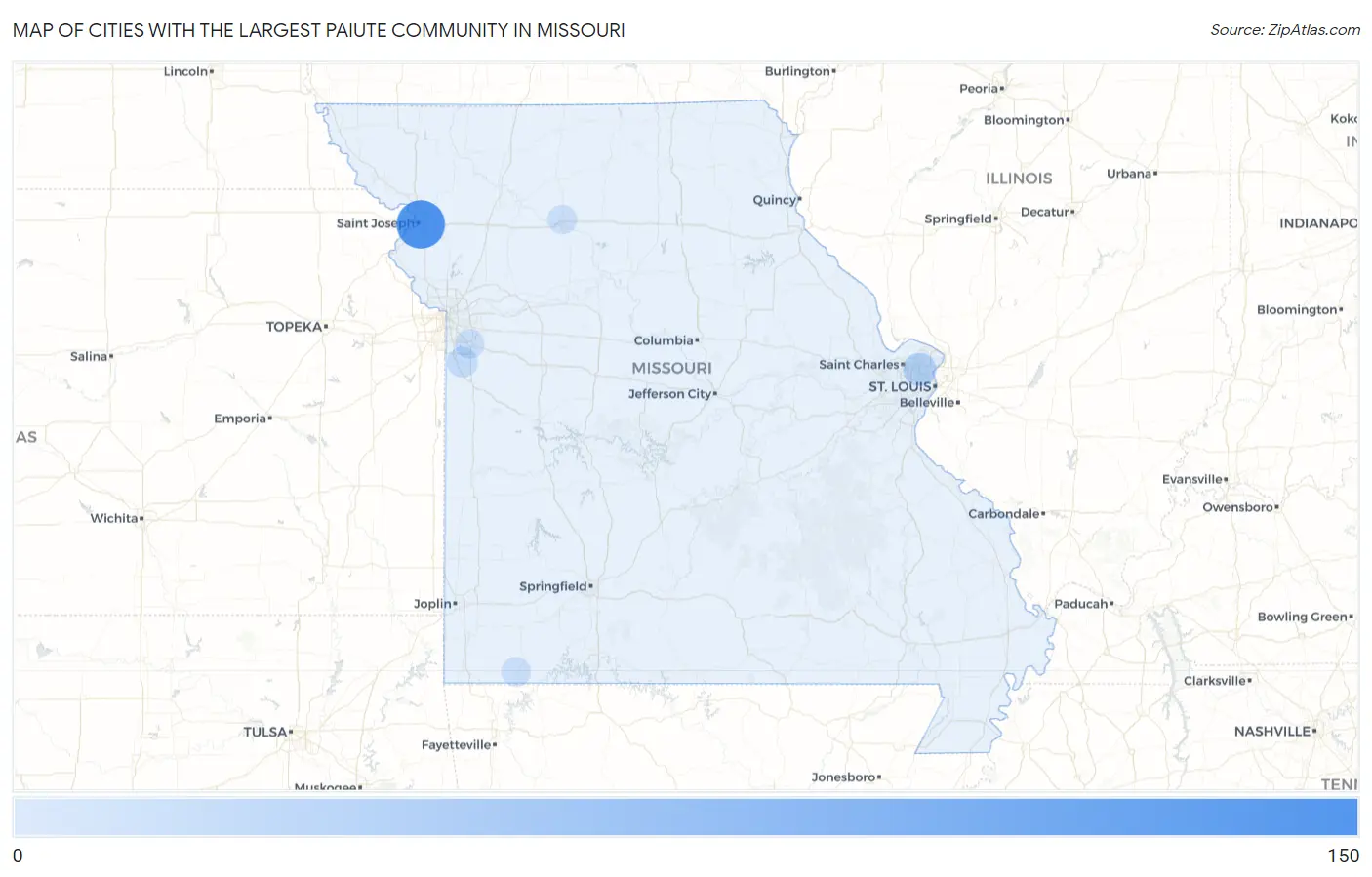 Cities with the Largest Paiute Community in Missouri Map