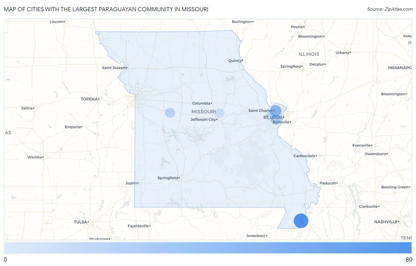 Cities with the Largest Paraguayan Community in Missouri Map