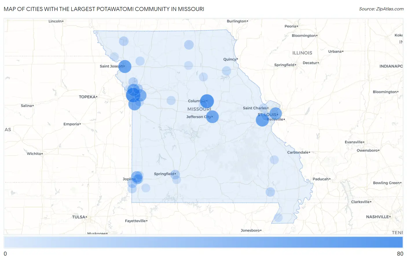 Cities with the Largest Potawatomi Community in Missouri Map