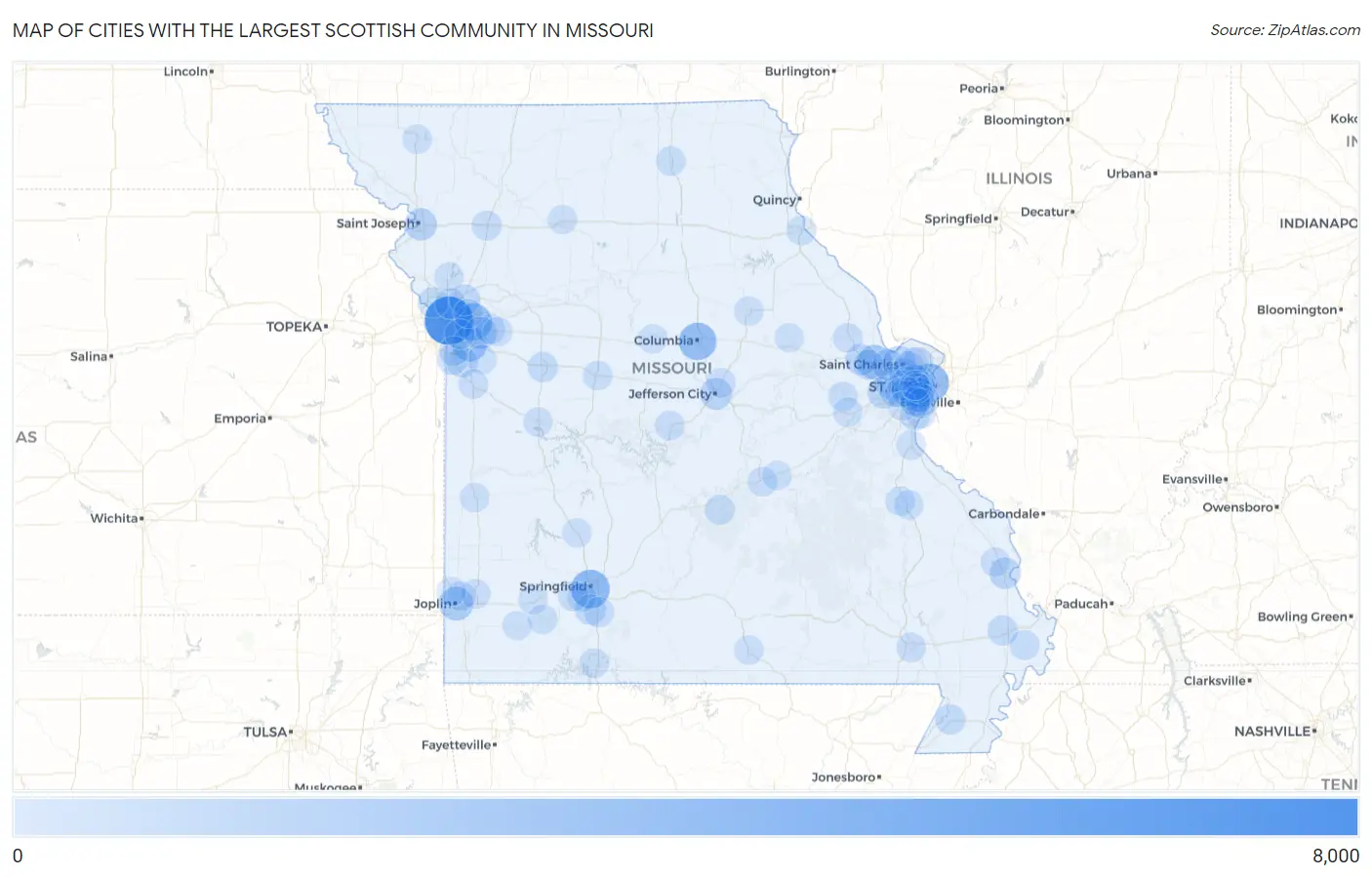 Cities with the Largest Scottish Community in Missouri Map