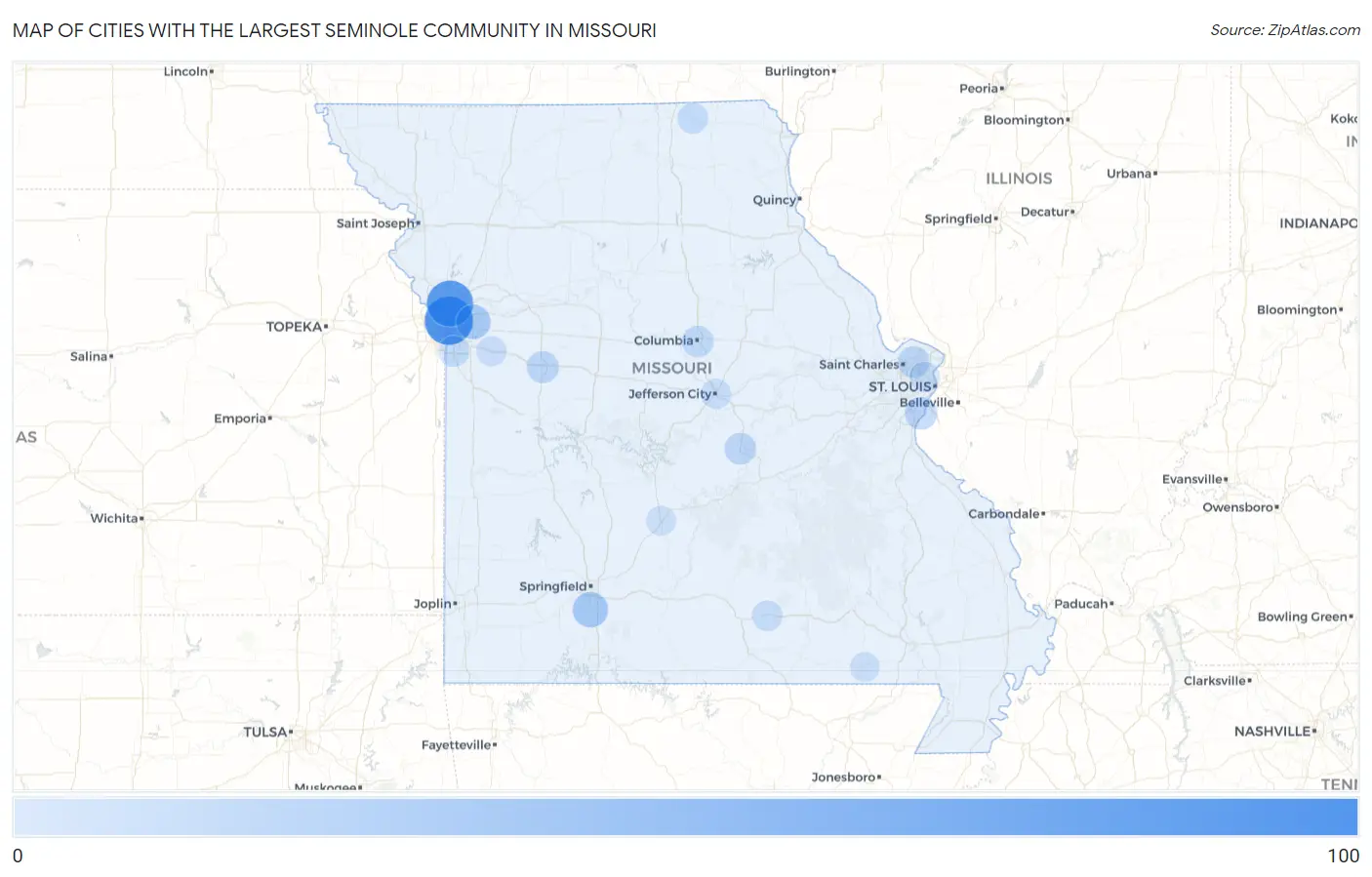 Cities with the Largest Seminole Community in Missouri Map
