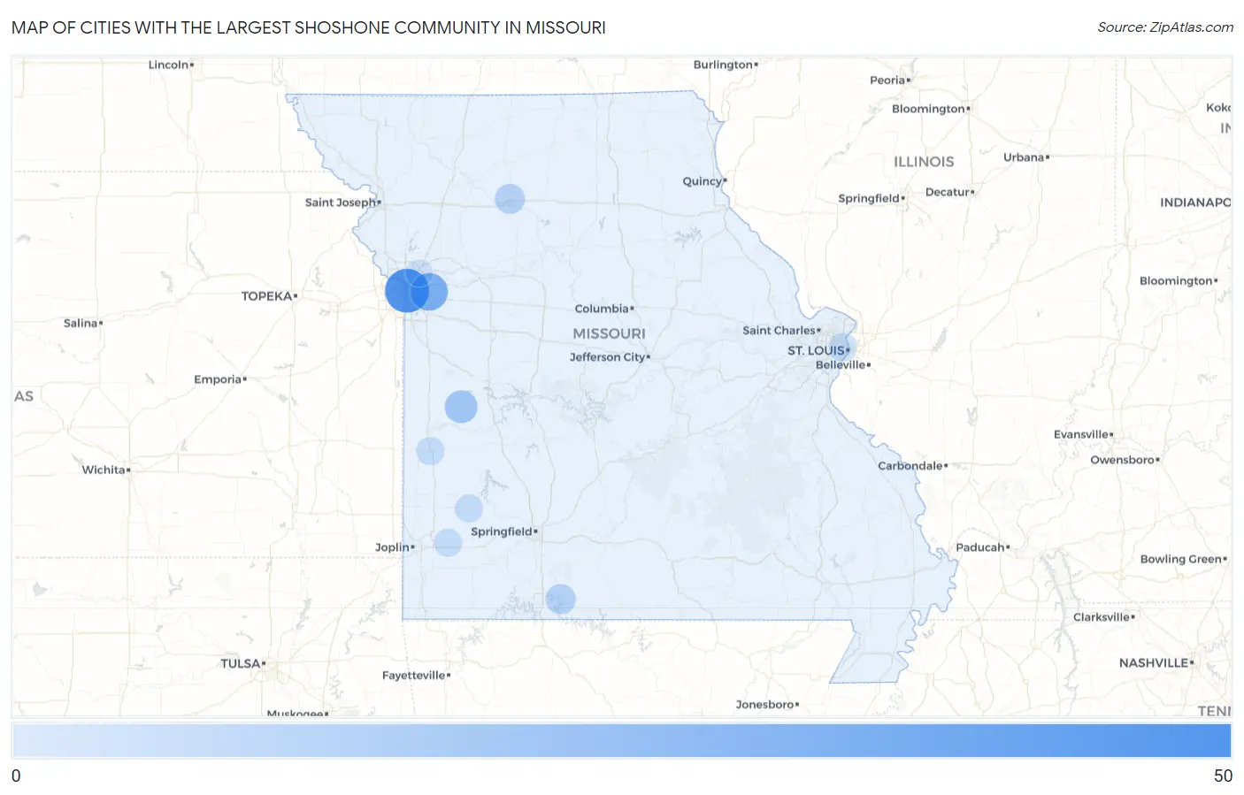 Cities with the Largest Shoshone Community in Missouri Map