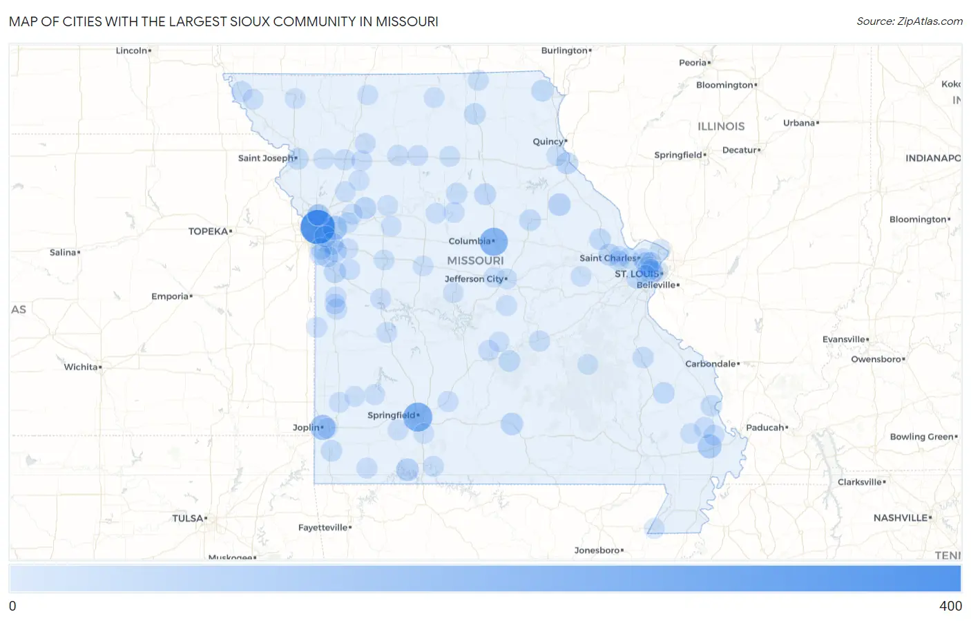 Cities with the Largest Sioux Community in Missouri Map