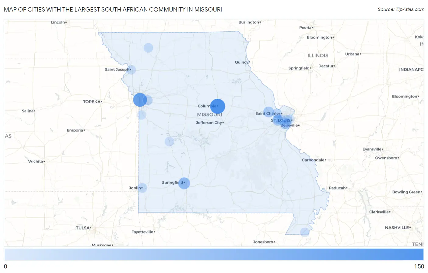 Cities with the Largest South African Community in Missouri Map