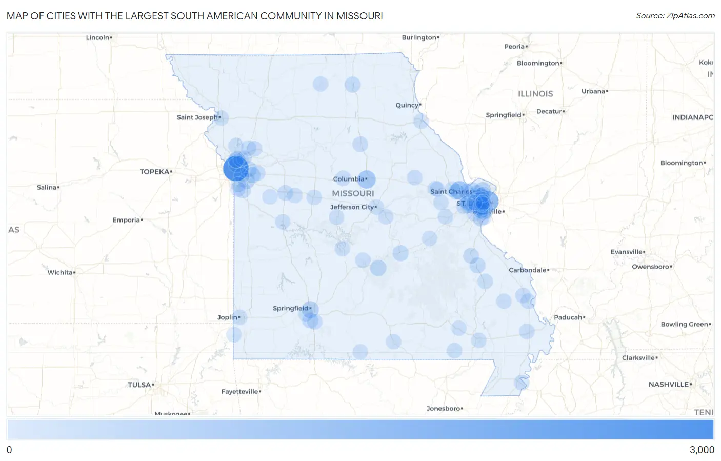 Cities with the Largest South American Community in Missouri Map