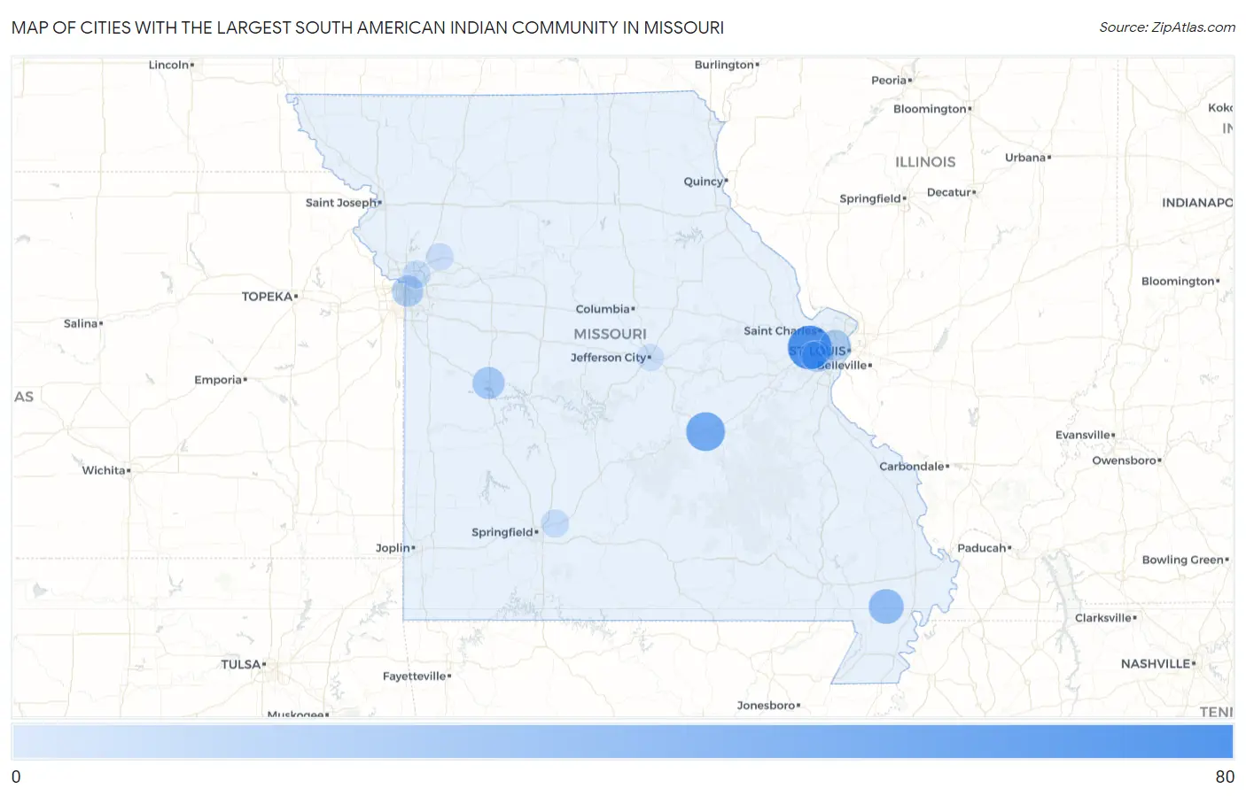 Cities with the Largest South American Indian Community in Missouri Map