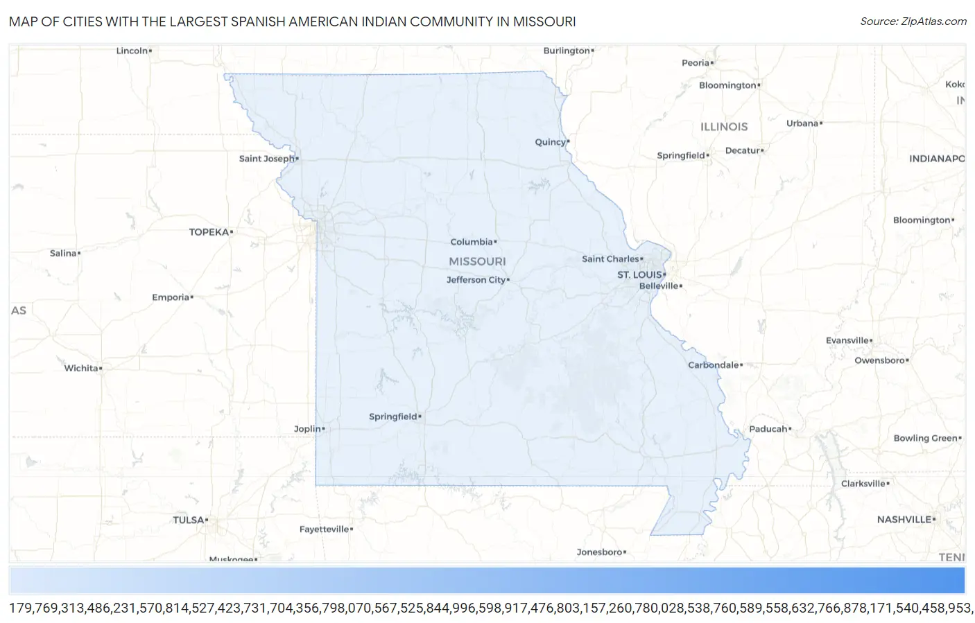 Cities with the Largest Spanish American Indian Community in Missouri Map