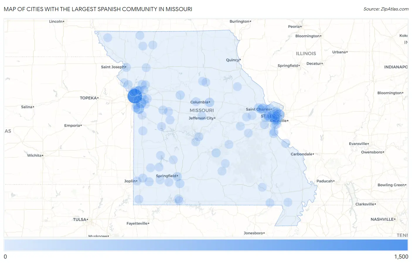 Cities with the Largest Spanish Community in Missouri Map