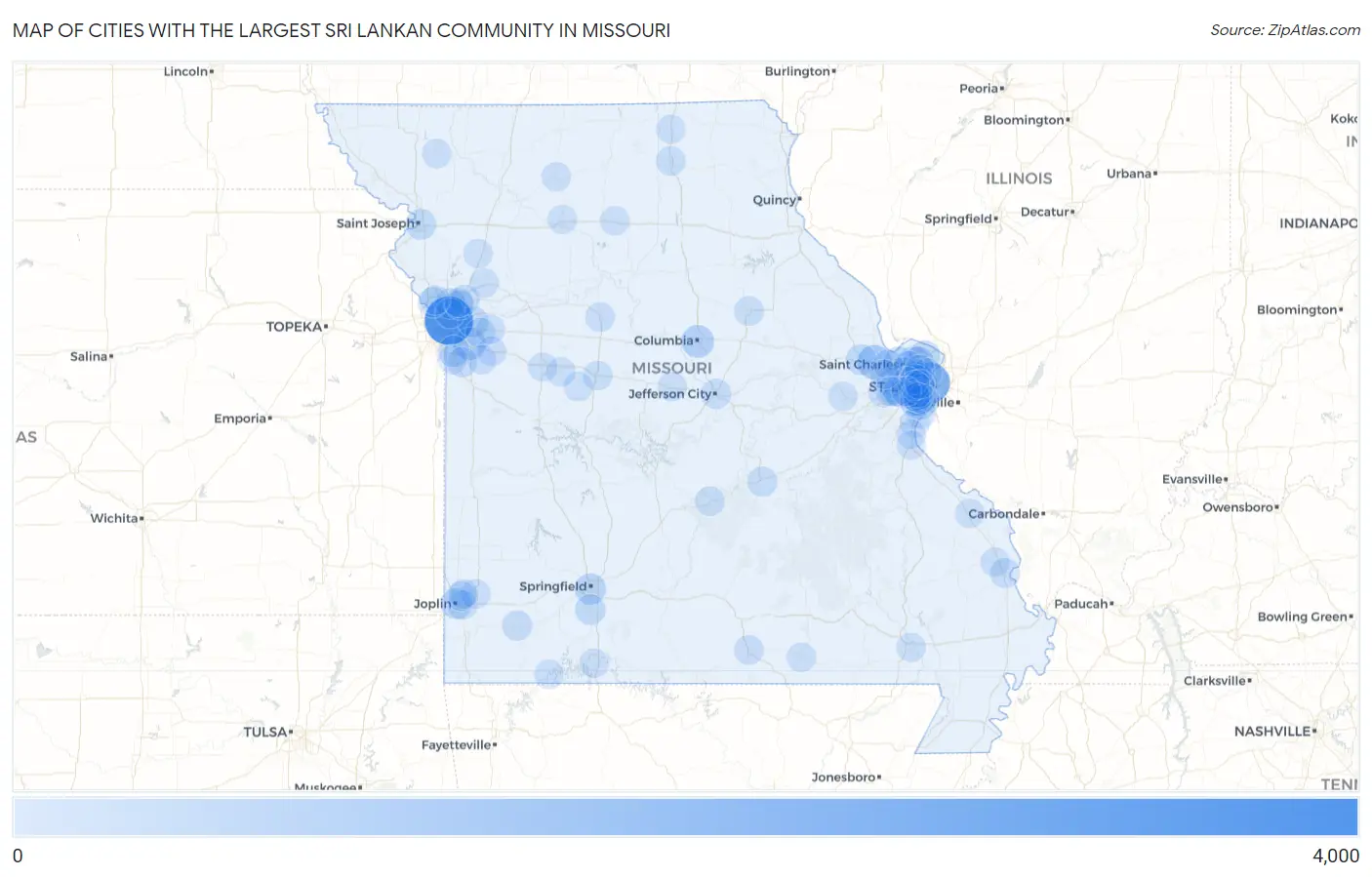 Cities with the Largest Sri Lankan Community in Missouri Map
