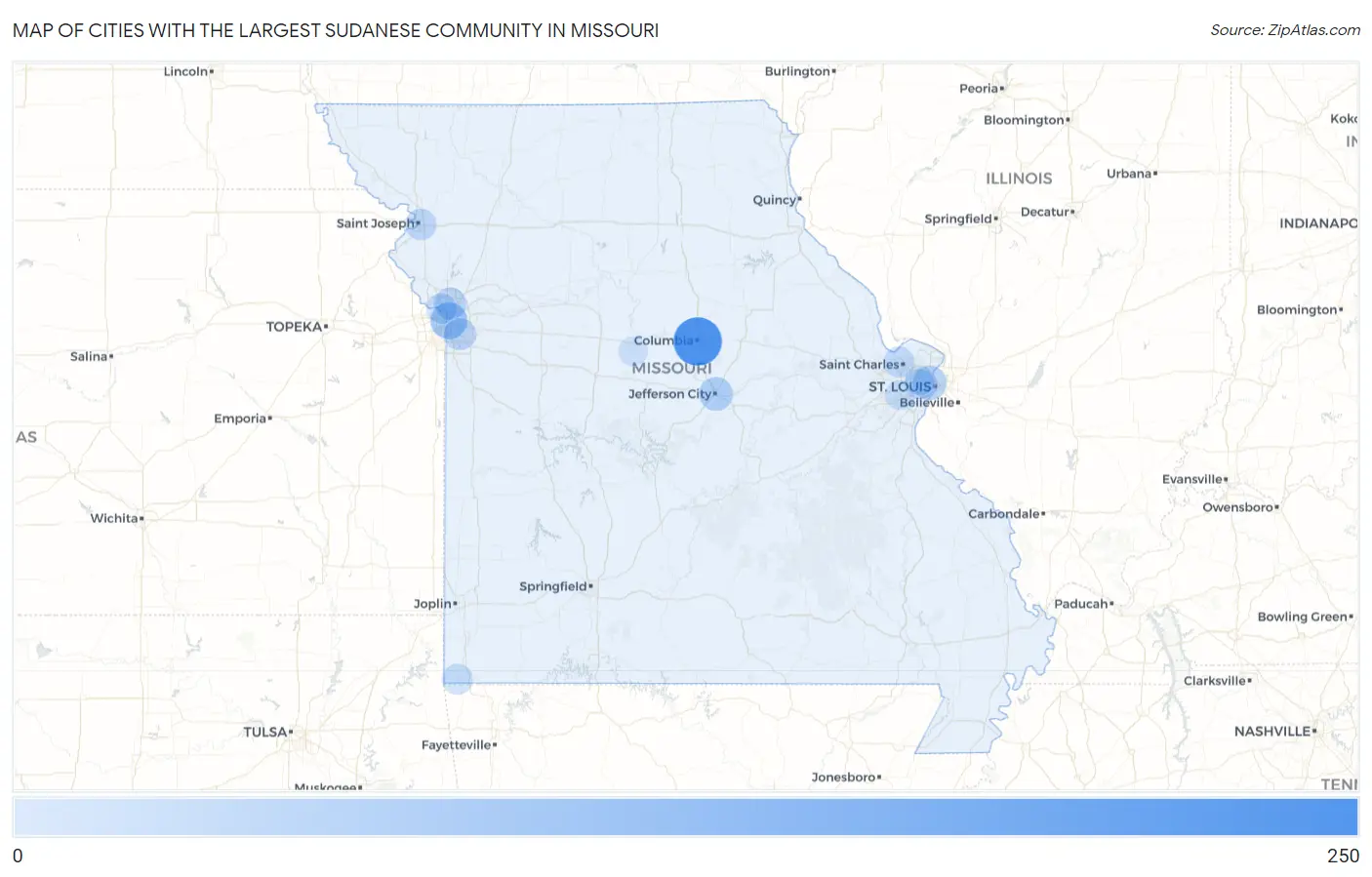 Cities with the Largest Sudanese Community in Missouri Map