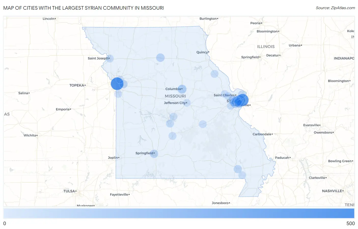 Cities with the Largest Syrian Community in Missouri Map