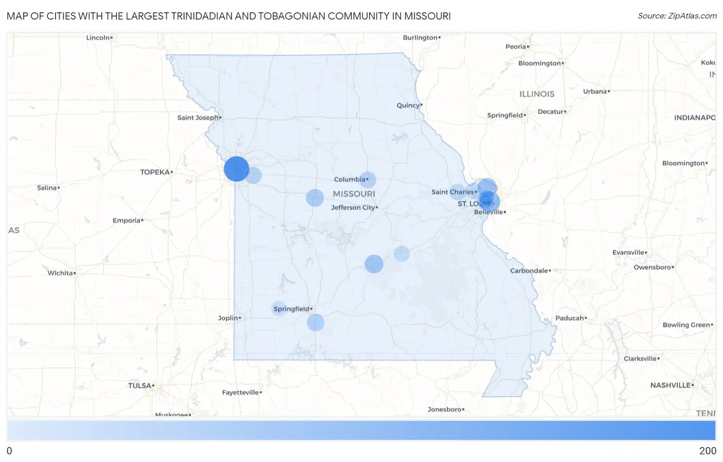 Cities with the Largest Trinidadian and Tobagonian Community in Missouri Map
