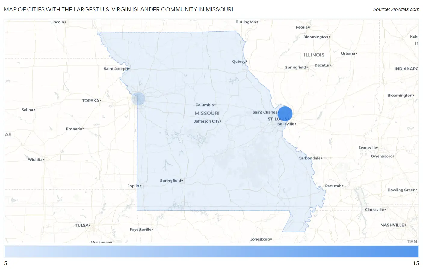 Cities with the Largest U.S. Virgin Islander Community in Missouri Map